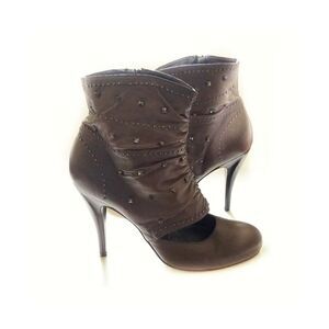 VIC MATIE STUDDED CUT OUT TAN TAUPE STILETTO ANKLE BOOTIE BOOTS HEELS SIZE 9.5